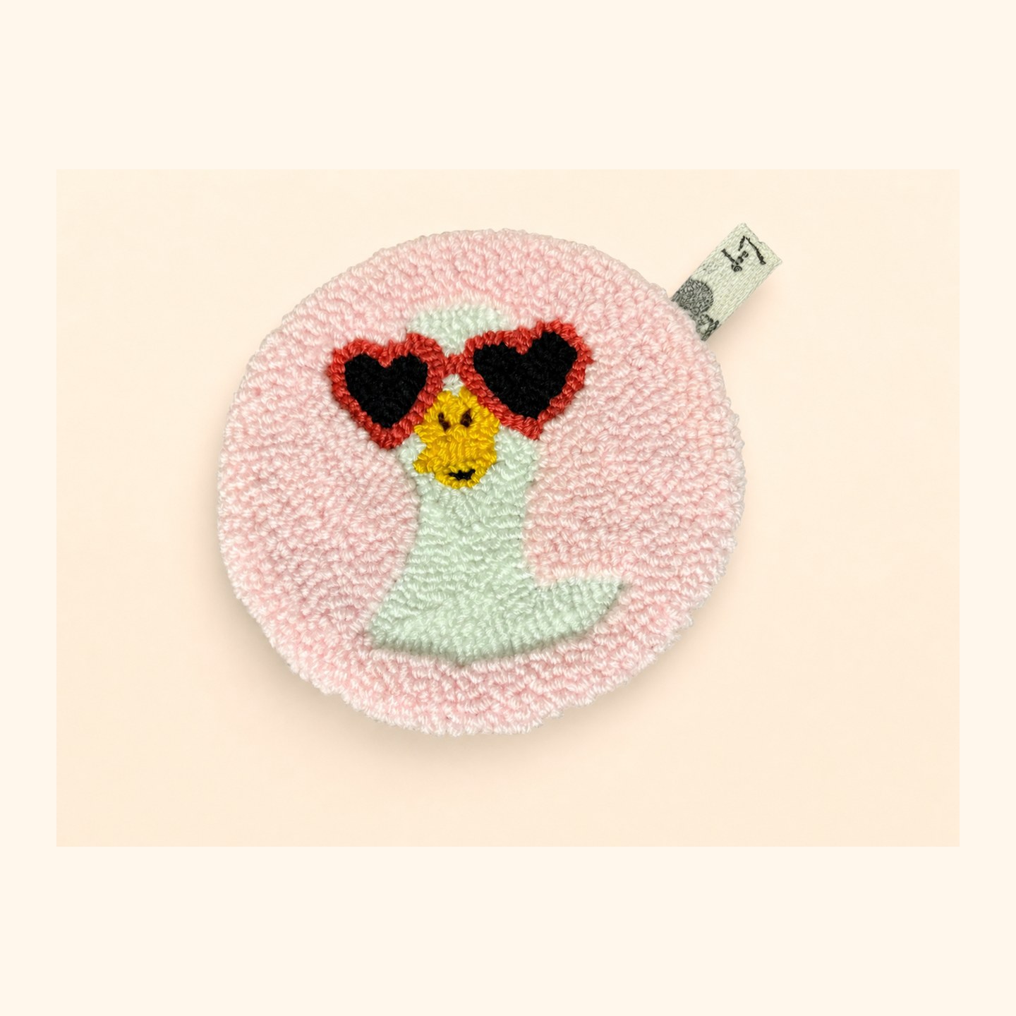 Handmade goose punch needle coaster with pink heart sunglasses