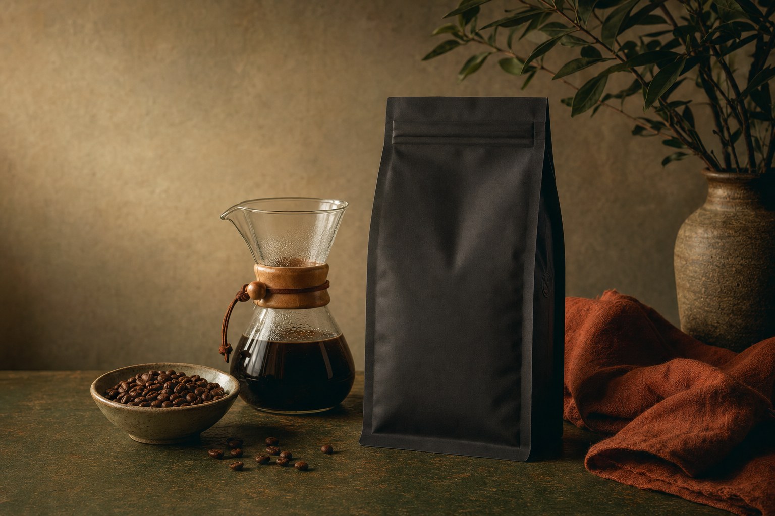 Pour-over coffee, beans, and a matte black coffee bag in a warm studio setting
