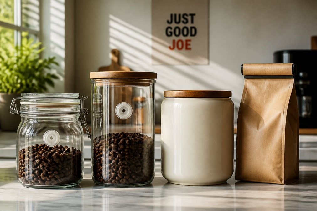 Close-up of several coffee storage containers lined up on a bright kitchen counter, including airtight glass canisters with one-way valves, an opaque ceramic container, and an original coffee bag with rolled top, morning light streaming across them