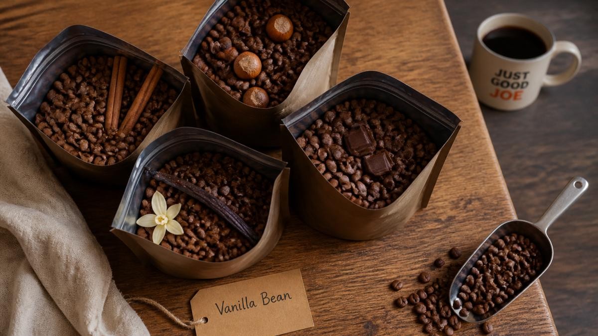 Overhead shot of several open bags of flavored coffee beans arranged on a wooden kitchen counter, with a handwritten label visible on one bag and a scoop of whole beans beside them