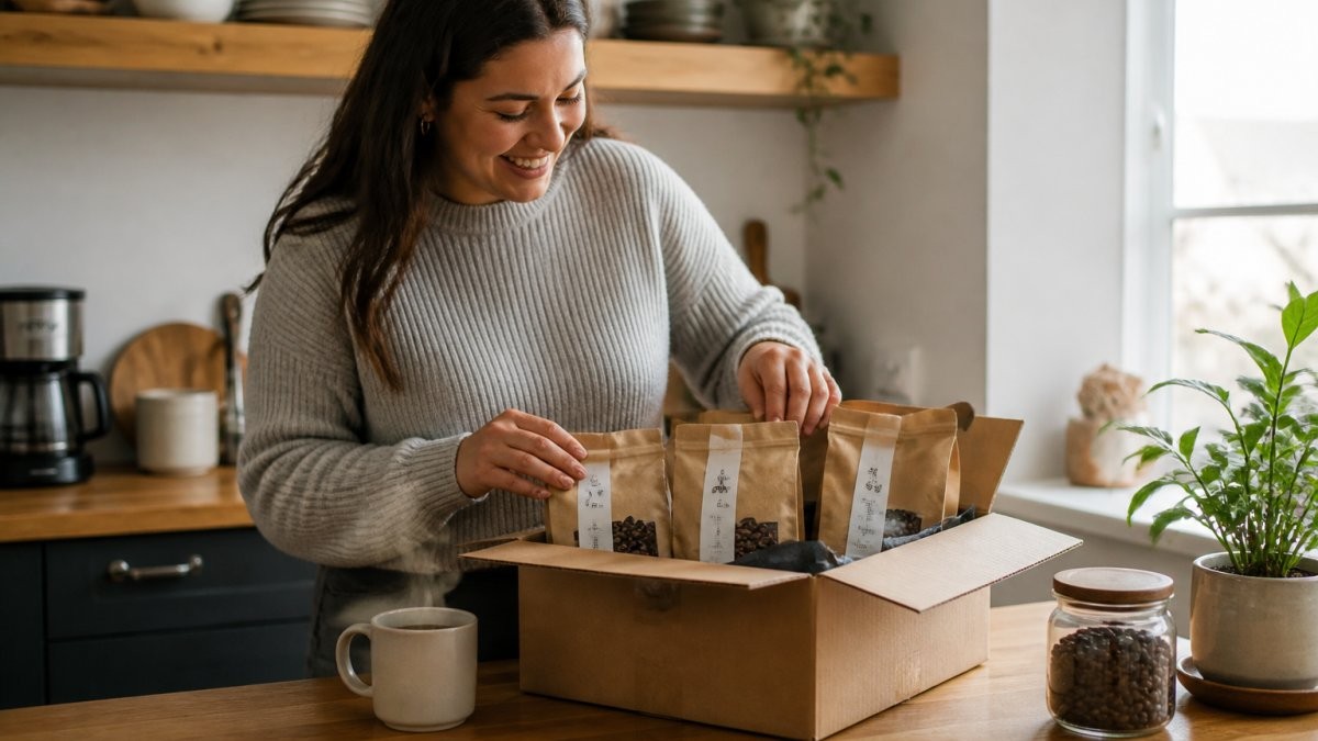 A person in a bright kitchen opening a freshly delivered coffee subscription box, revealing bags of whole bean coffee with visible roast dates, steam rising from a nearby mug