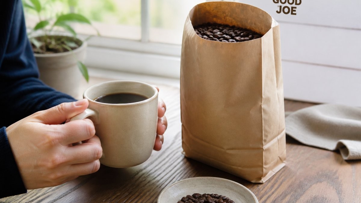 Close-up of hands holding a ceramic coffee mug next to a bag of whole-bean coffee, showing the beans and packaging detail in natural morning light