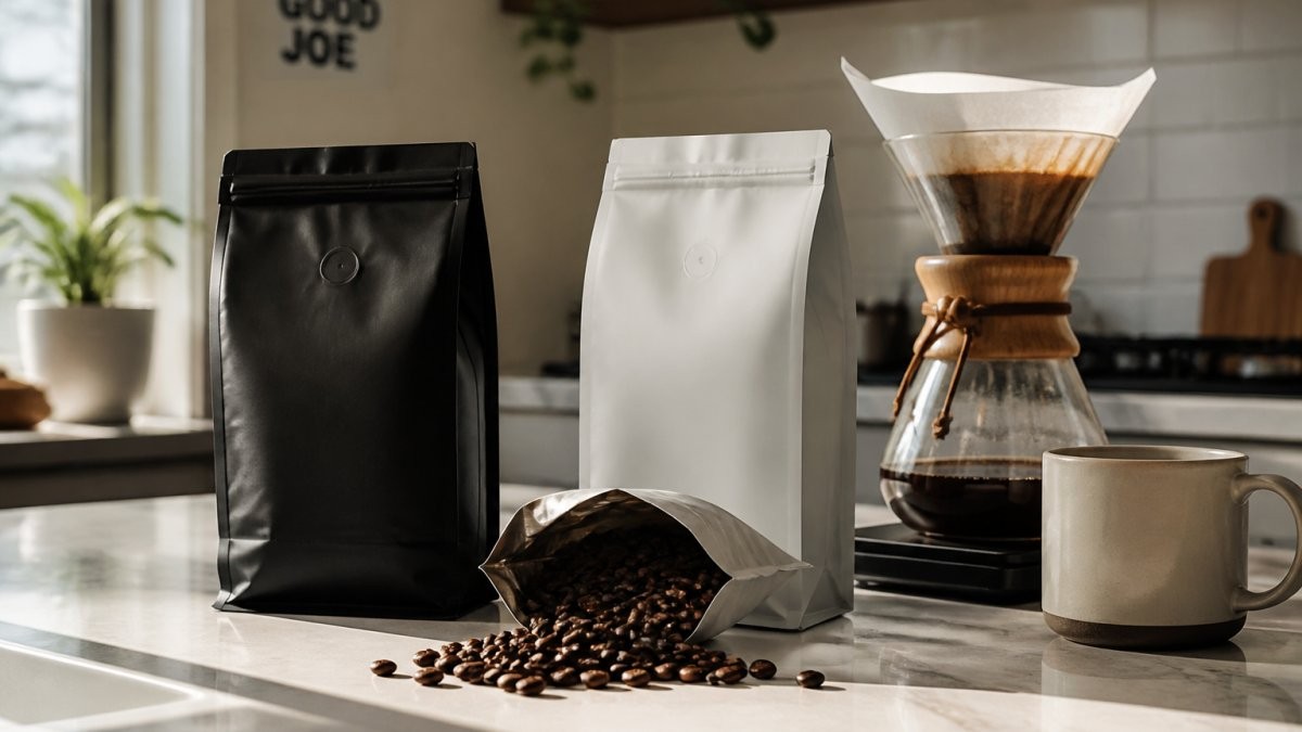 Two coffee bags side by side on a kitchen counter, one open with whole beans spilling out, a pour-over setup and a mug nearby in warm morning light