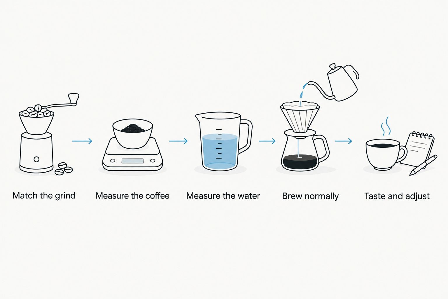 Brewing steps from matching the grind to tasting and adjusting