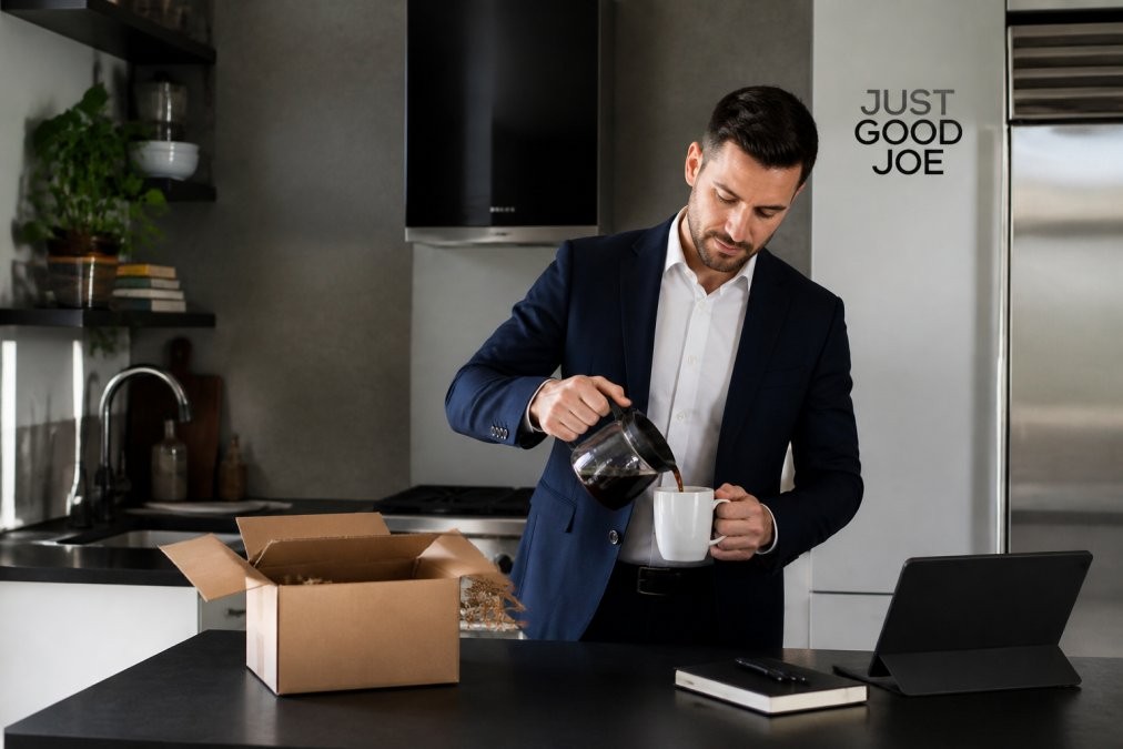 A busy professional in a modern office kitchen preparing a fresh cup of coffee with a coffee subscription box on the counter, looking focused and ready for the day