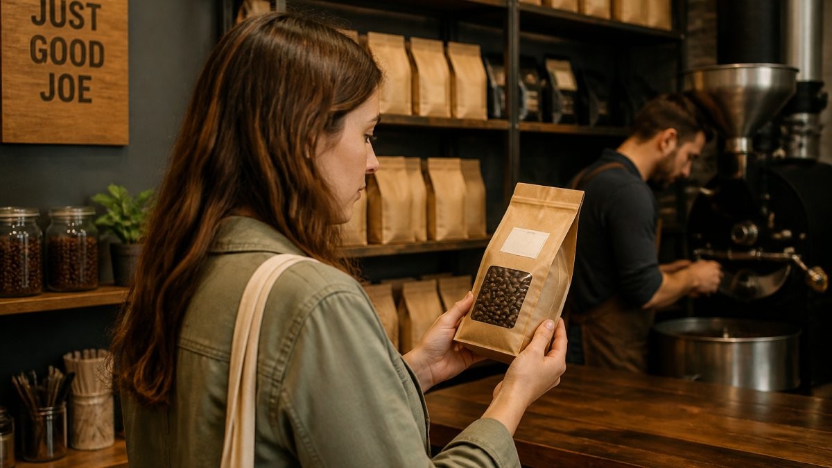 A person holding a bag of whole bean coffee in a small local coffee shop, reading the roast date label while a roaster and shelves of coffee bags are visible in the background