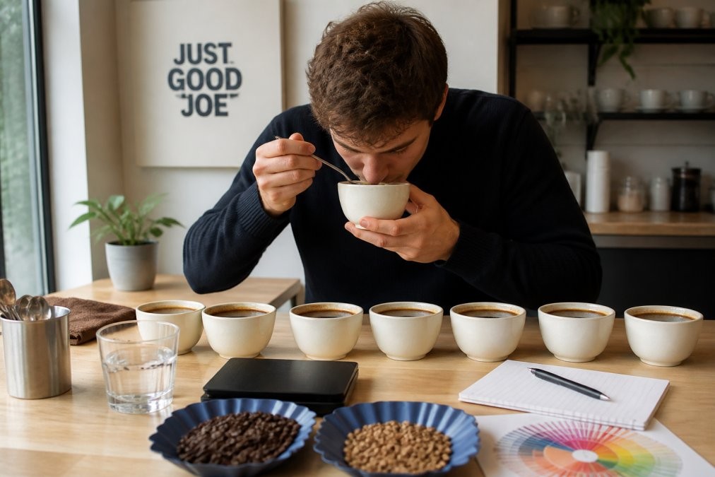 Step-by-step guide illustrating professional coffee cupping techniques with a flavor wheel and tasting notes.