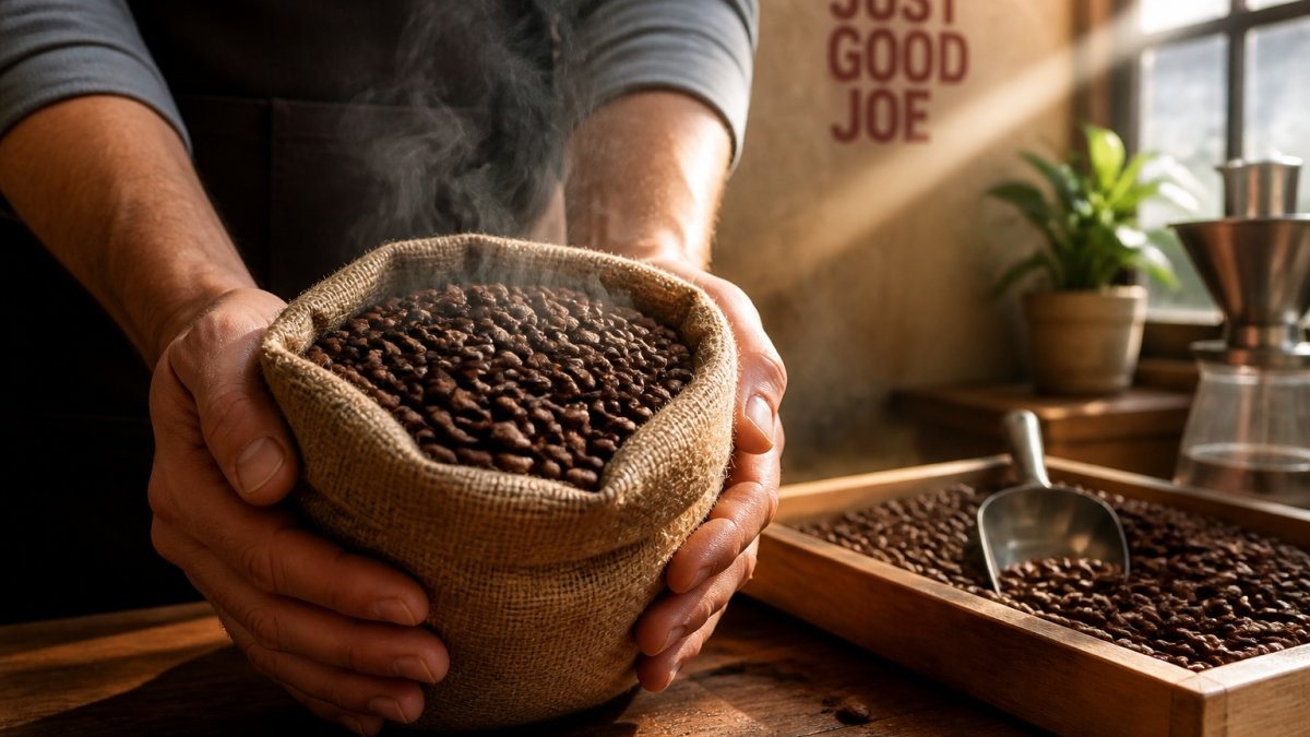 Hands holding freshly roasted whole coffee beans in a burlap bag with a visible roast date label visible on the front, steam rising from the beans as they cool on a wooden counter with natural sunlight streaming in