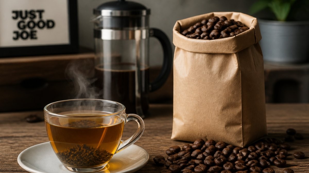 A close-up of a steaming cup of loose leaf tea next to a bag of single-origin coffee beans on a rustic wooden table, with a French press in the background