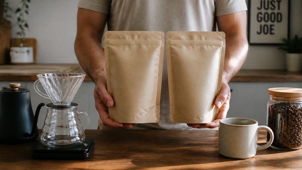 A person's hands holding two different kraft coffee bags side by side on a kitchen counter, with a pour-over setup, a gooseneck kettle, and a ceramic mug nearby in warm morning light