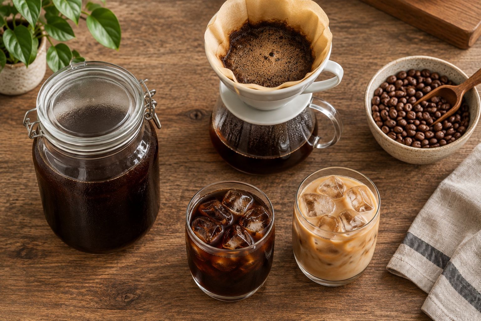 Home cold-brew setup with filtered coffee and small black and milk tasting glasses