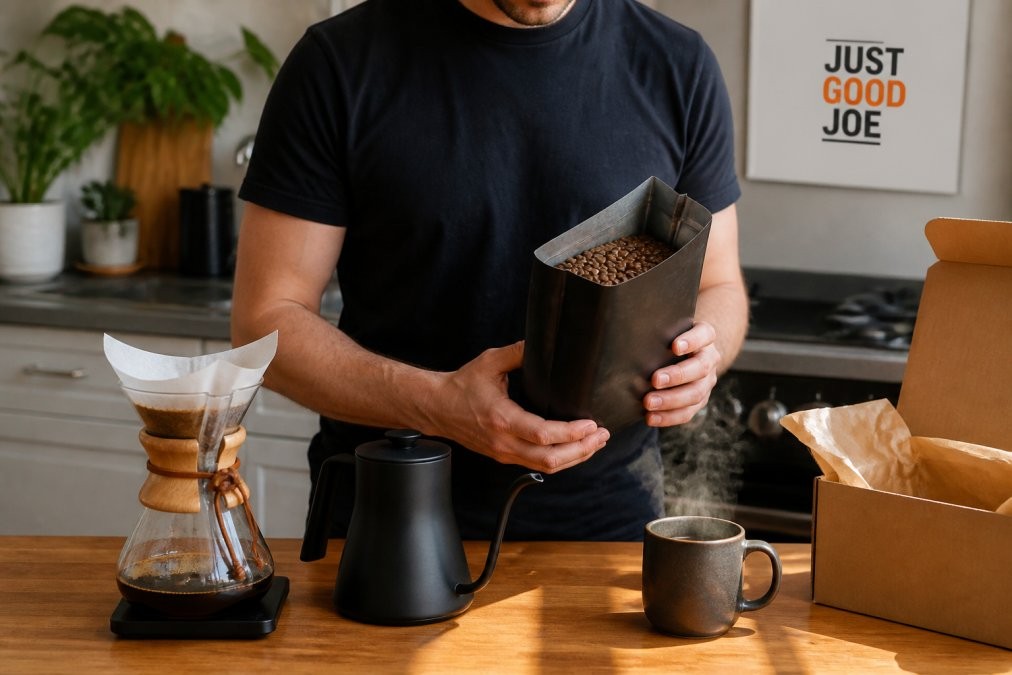 Person holding a bag of fresh beans by a pour-over setup for a coffee subscription in a bright kitchen
