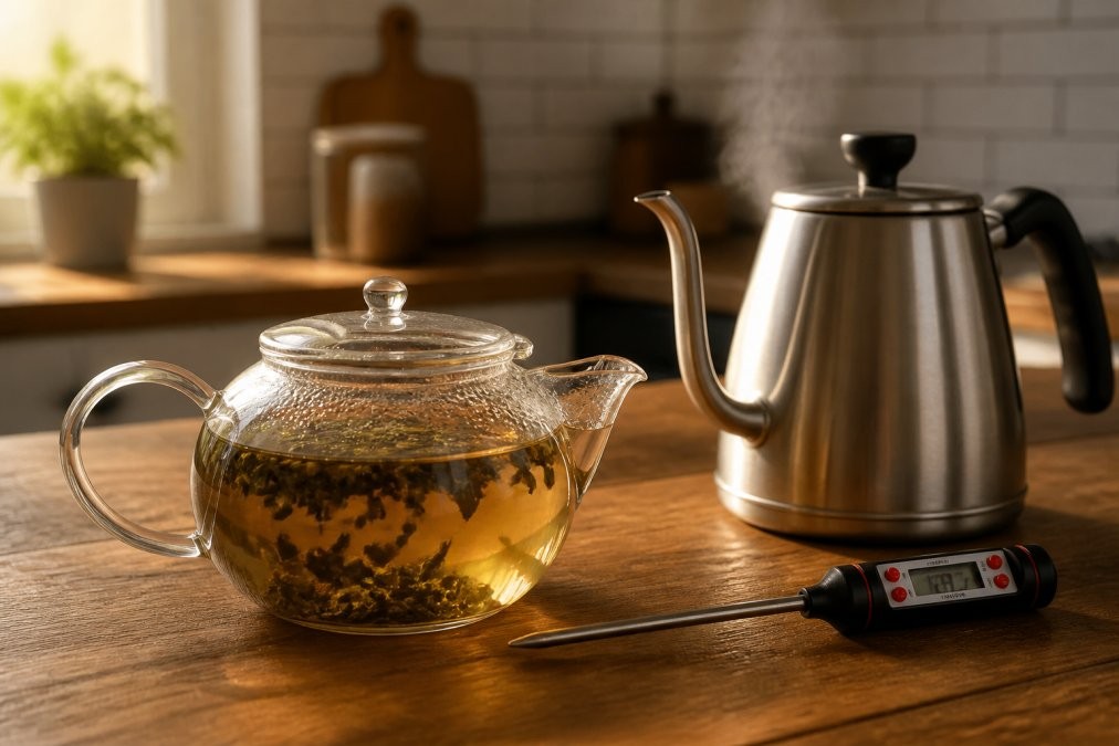 Glass teapot with steeping loose tea leaves next to a thermometer and steaming kettle on a kitchen counter.