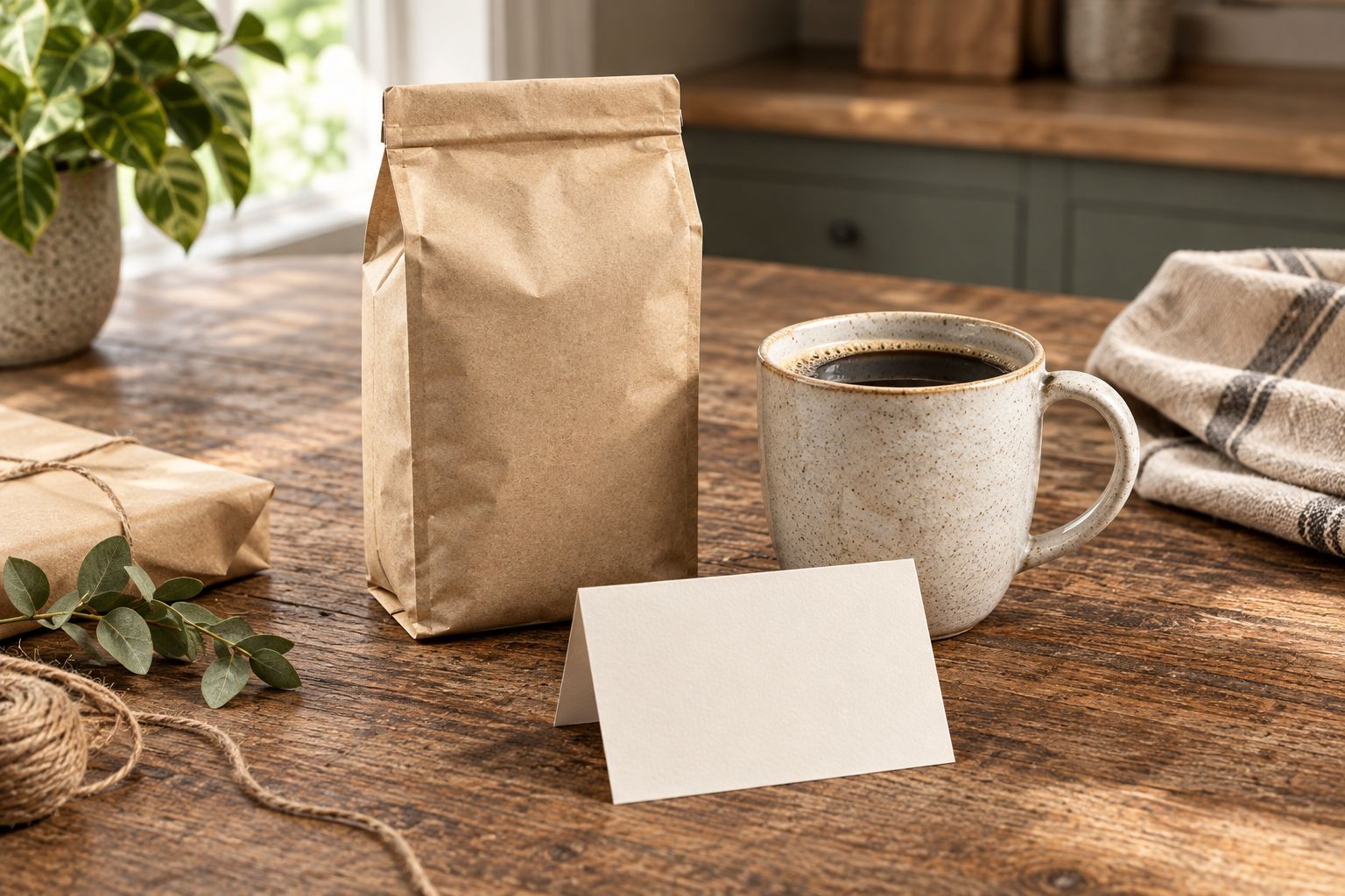 A simple host gift with a sealed coffee bag, plain mug, and folded note