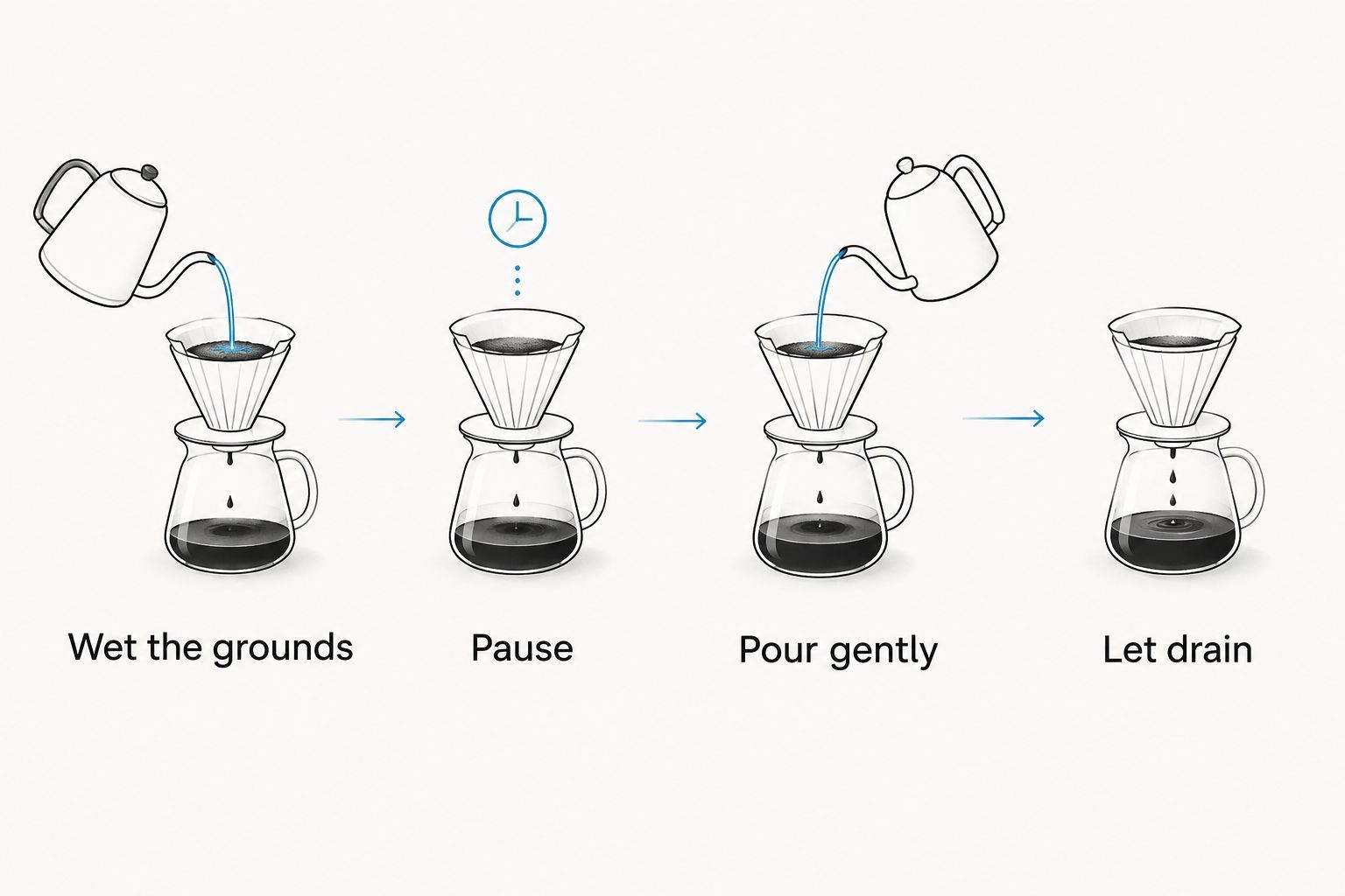 Four pour-over steps: wet the grounds, pause, pour gently, and let the coffee drain.