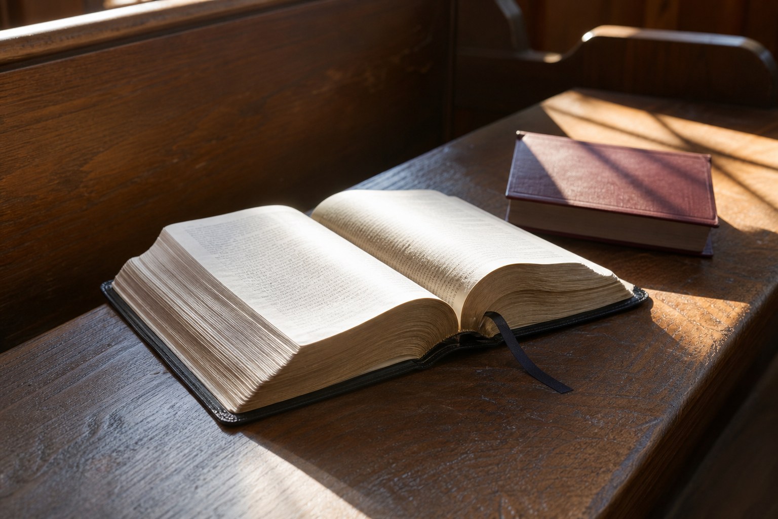 An open Bible and hymnbook resting on a wooden church pew
