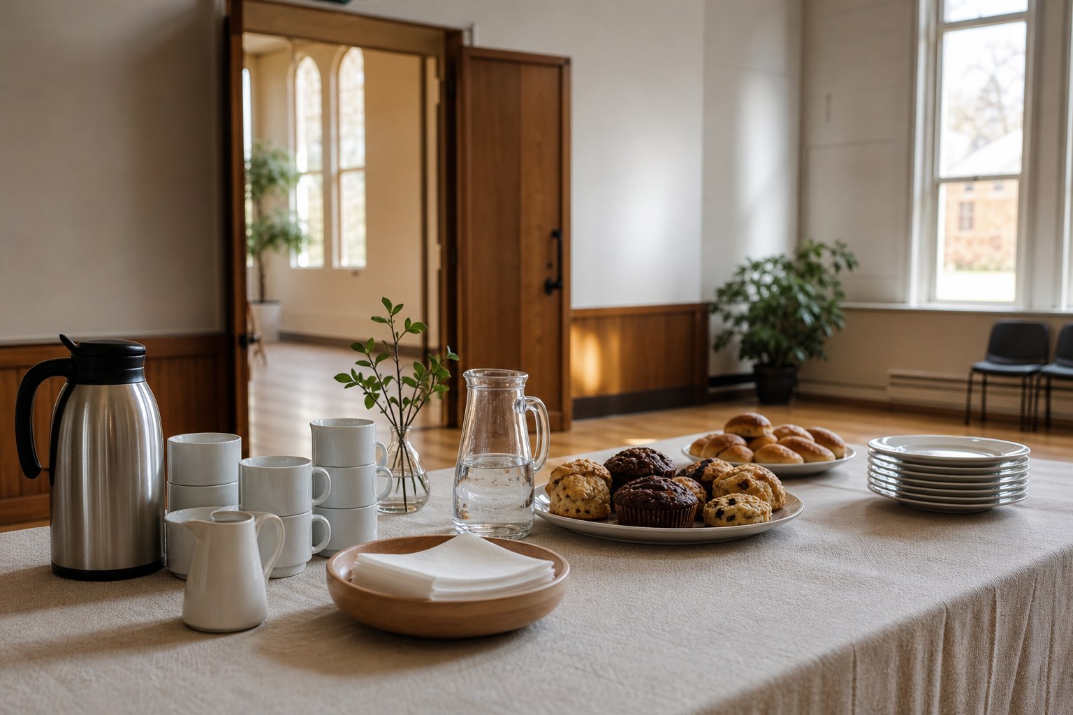A simple church fellowship table with coffee and refreshments