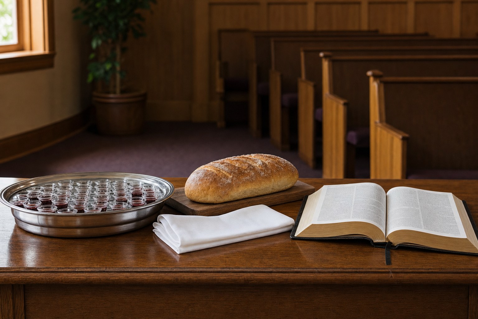 A simple communion table with bread, small cups, an open Bible, and a white cloth