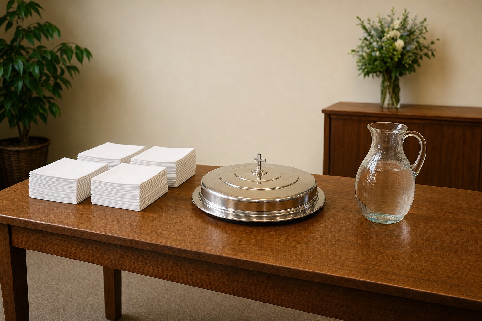A simple preparation table set for a church communion service