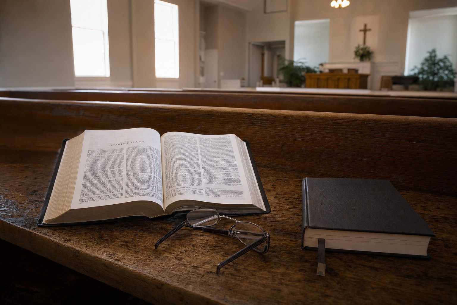 An open Bible and hymnal resting on a wooden church pew