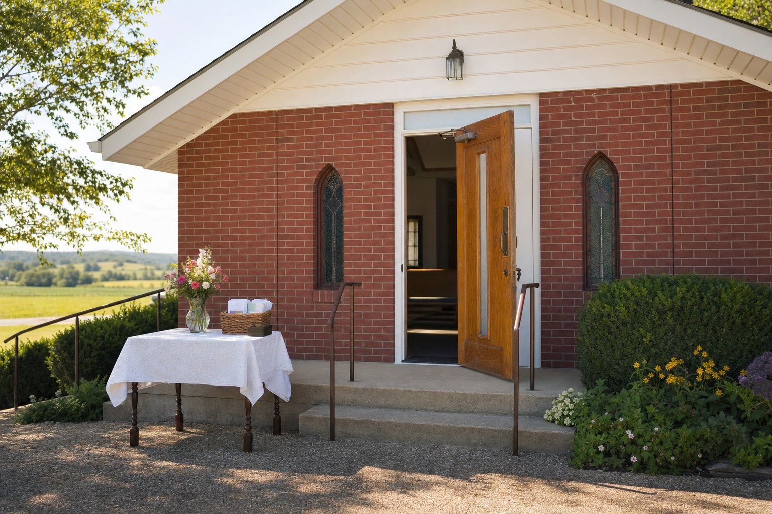 An open church entrance with a welcome table and flowers