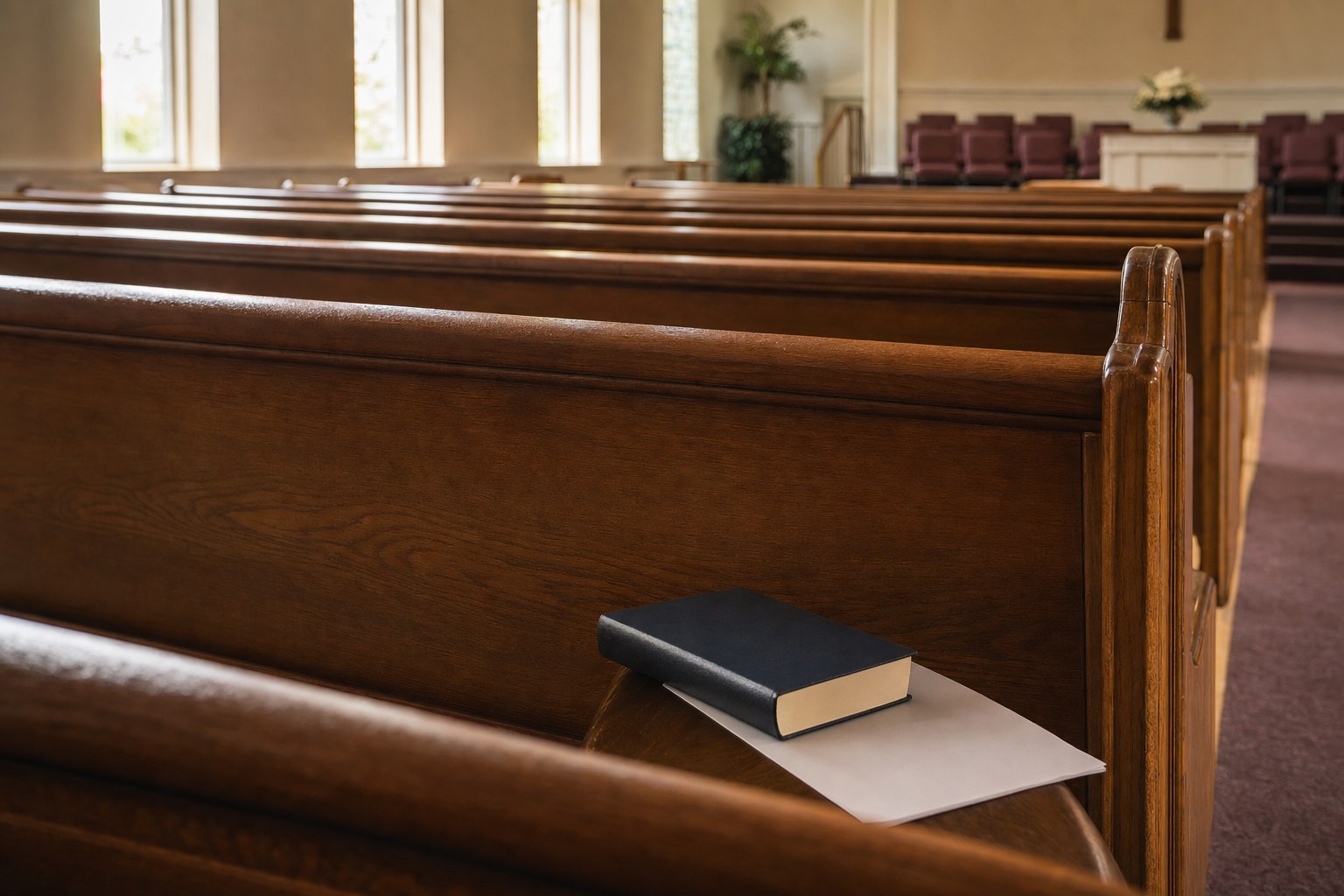 A closed hymnal and a plain bulletin resting on an empty church pew