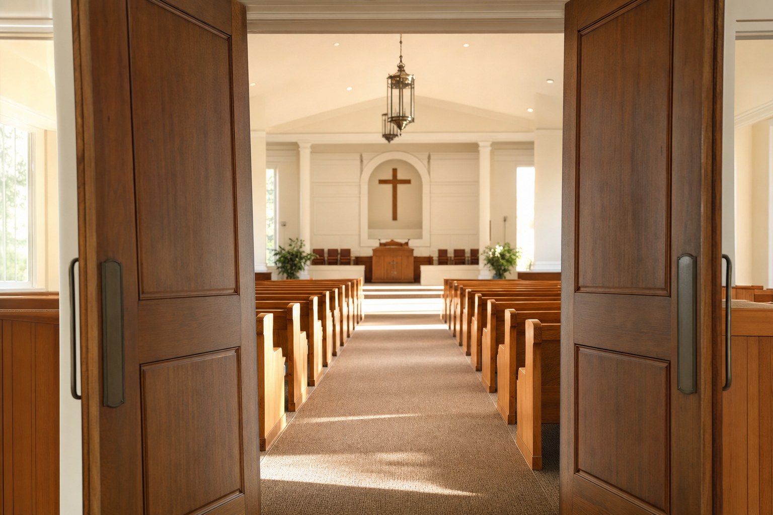 Open sanctuary doors leading into a traditional church with wooden pews