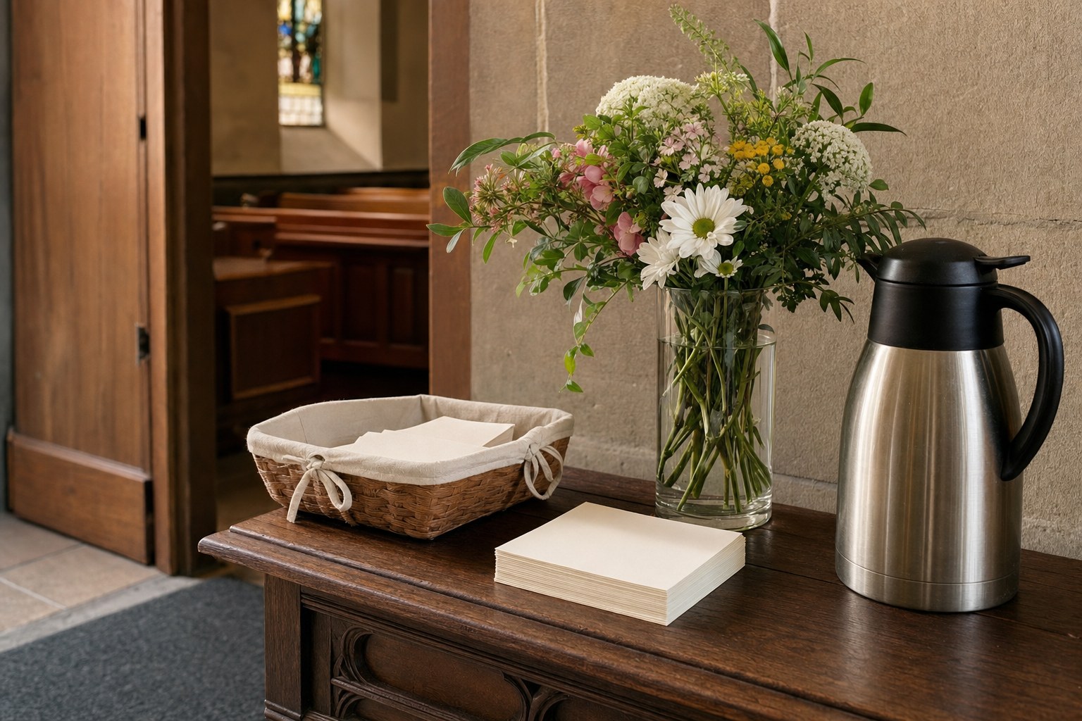 A simple church welcome table with coffee, blank cards, and flowers