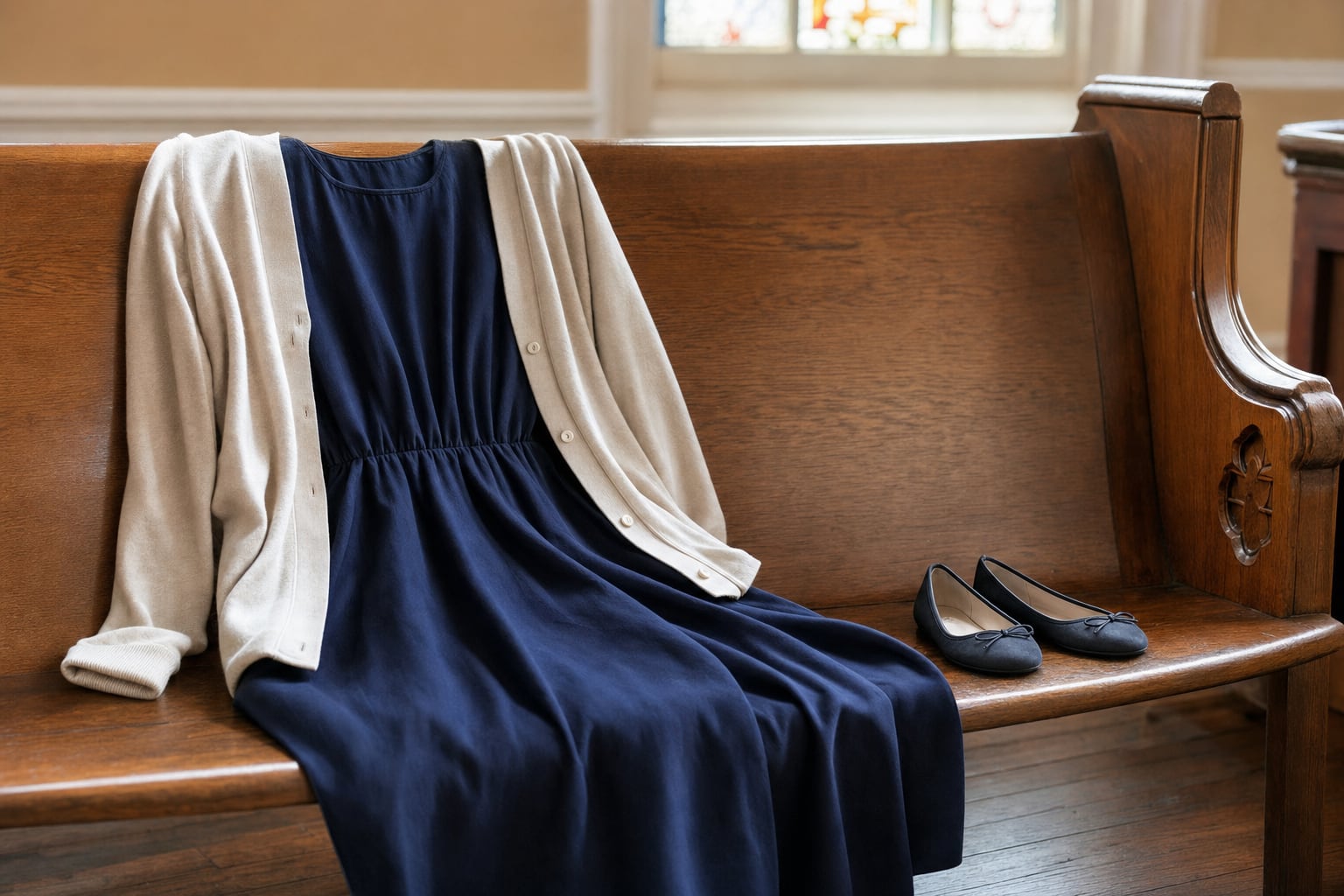 A modest dress, cardigan, and flats arranged on a church pew