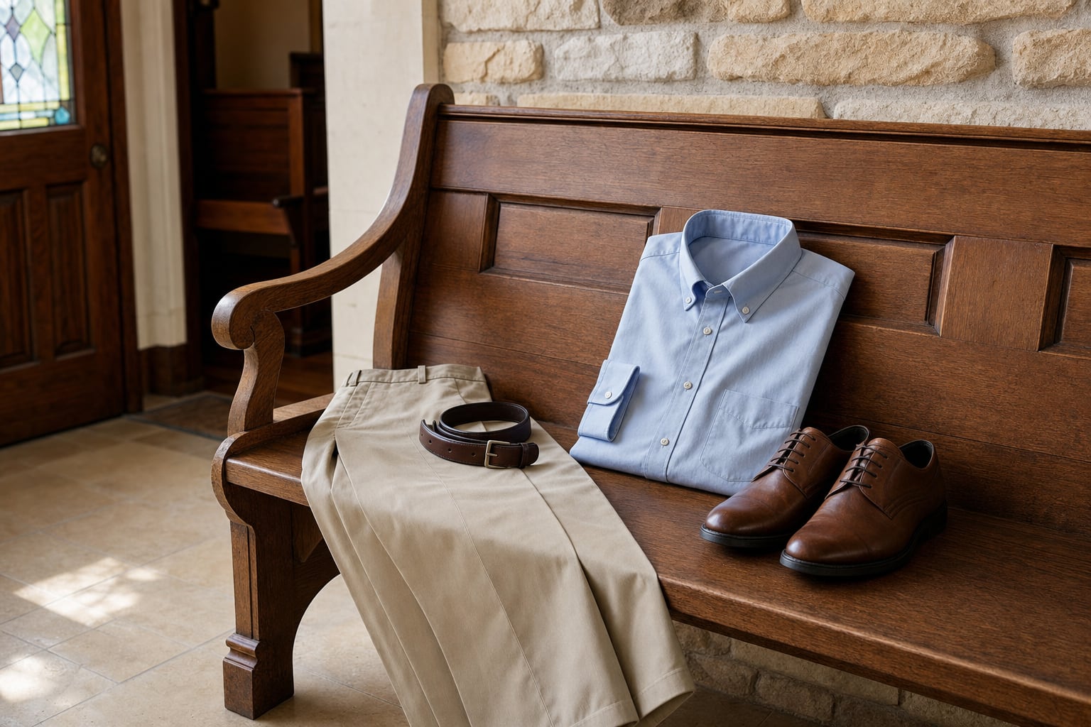 A collared shirt, khaki pants, belt, and shoes arranged on a wooden bench