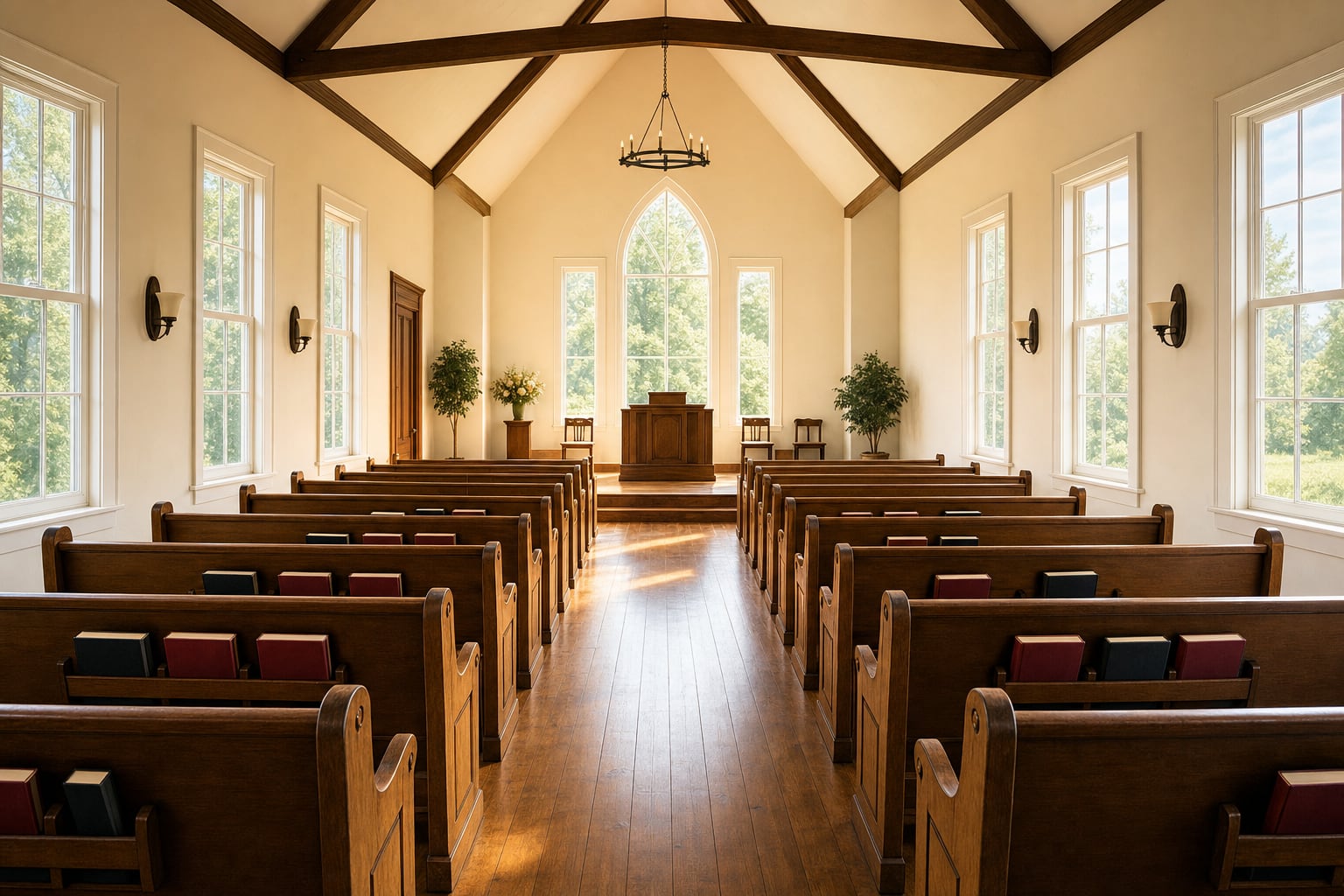 A bright traditional church sanctuary with wooden pews