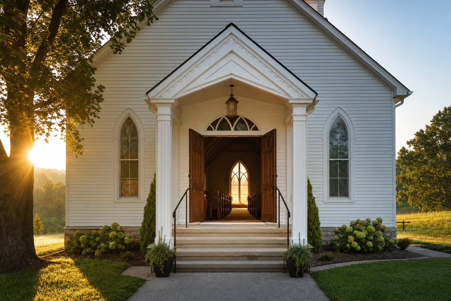 Open doors of a welcoming country church in morning light