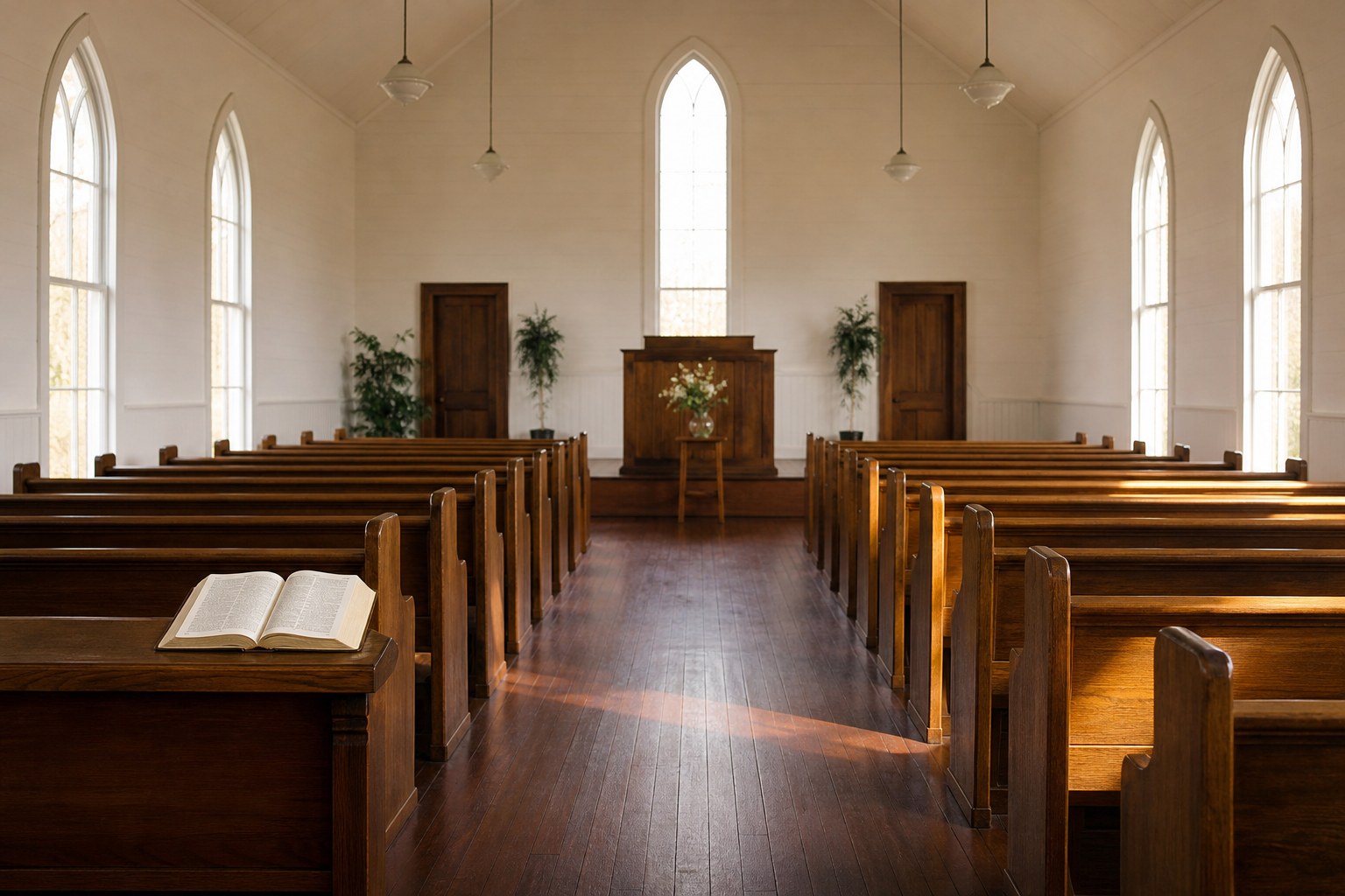 A traditional church sanctuary with wooden pews before Sunday worship