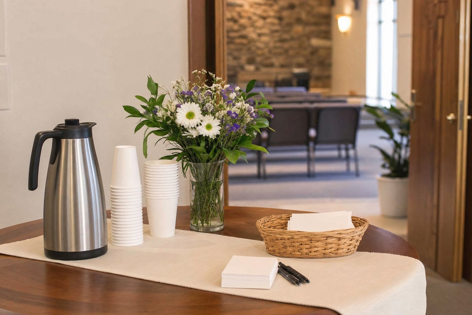 A church welcome table with coffee, flowers, and blank visitor cards