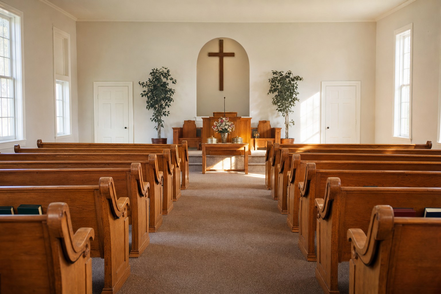 A traditional church sanctuary with wooden pews before Sunday worship