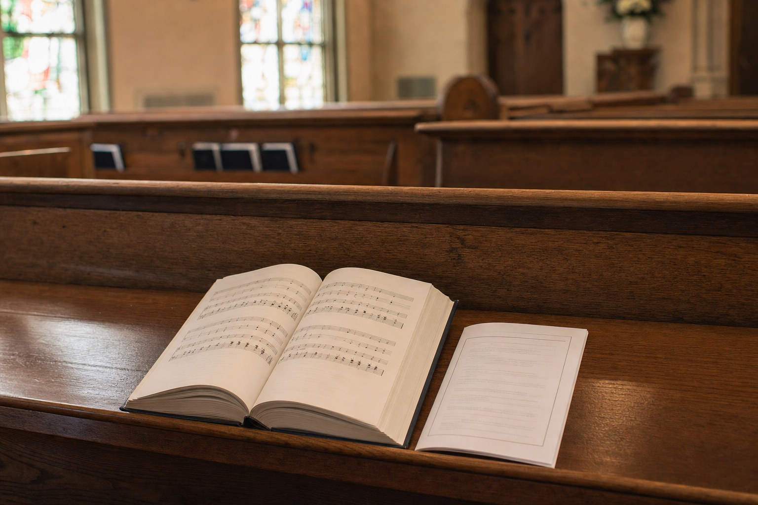 An open hymnal and a simple bulletin resting on a wooden church pew