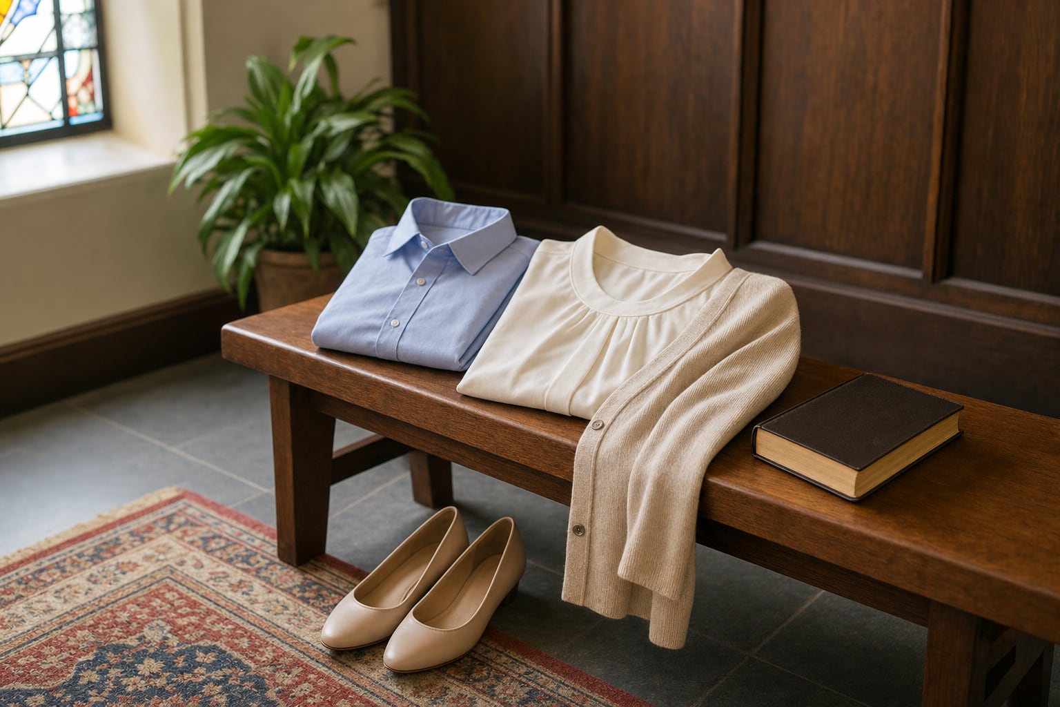 Simple church clothes arranged on a wooden bench