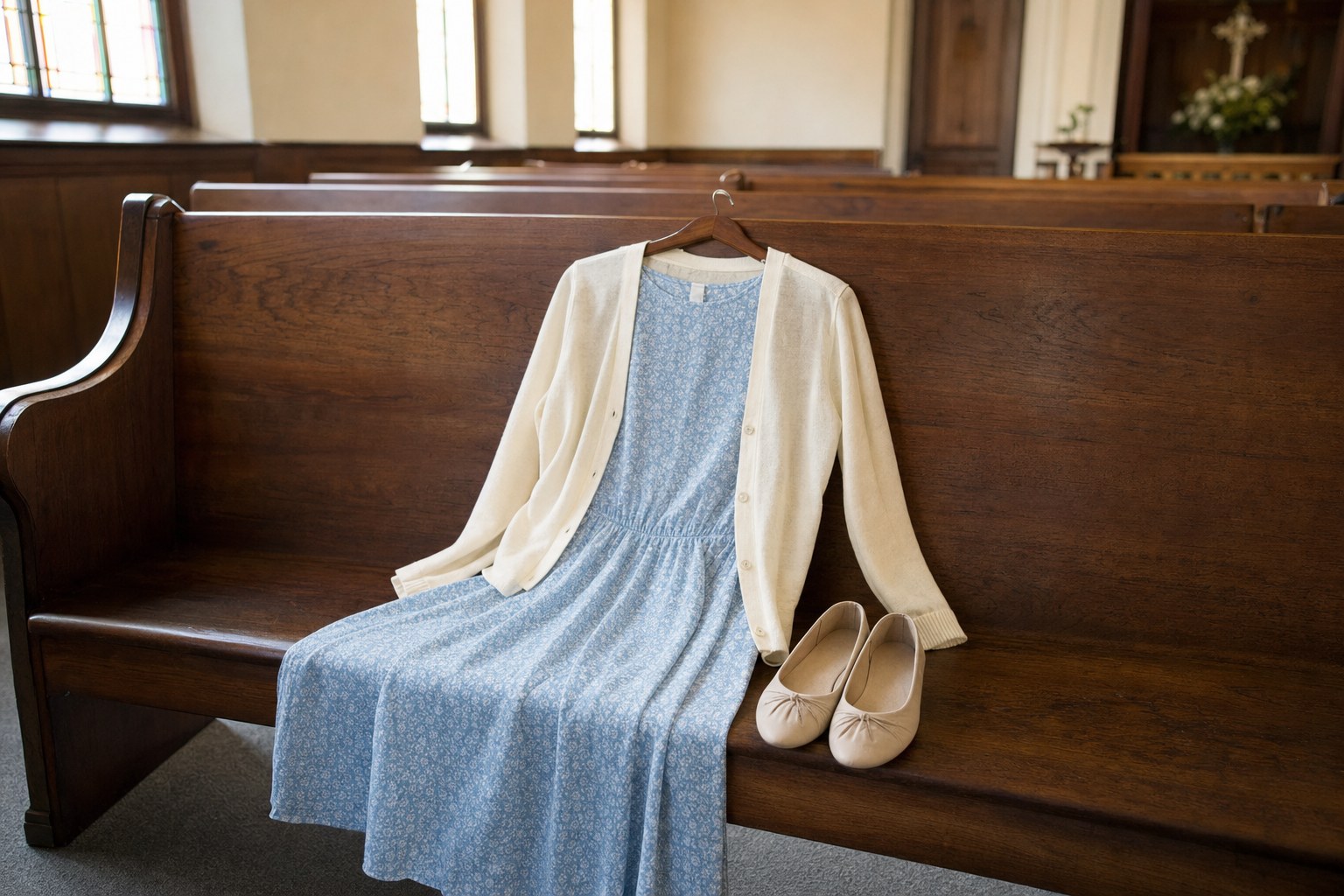 A light blue dress, cream cardigan, and flats arranged on a wooden church pew