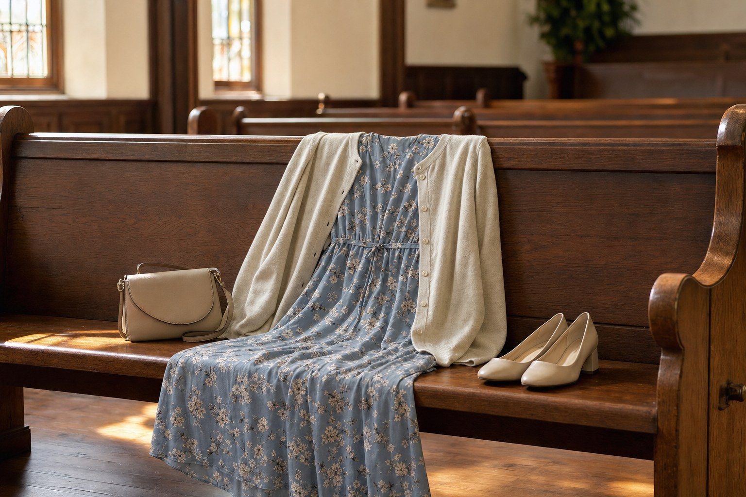 A modest blue dress, cardigan, shoes, and handbag arranged on a wooden church pew