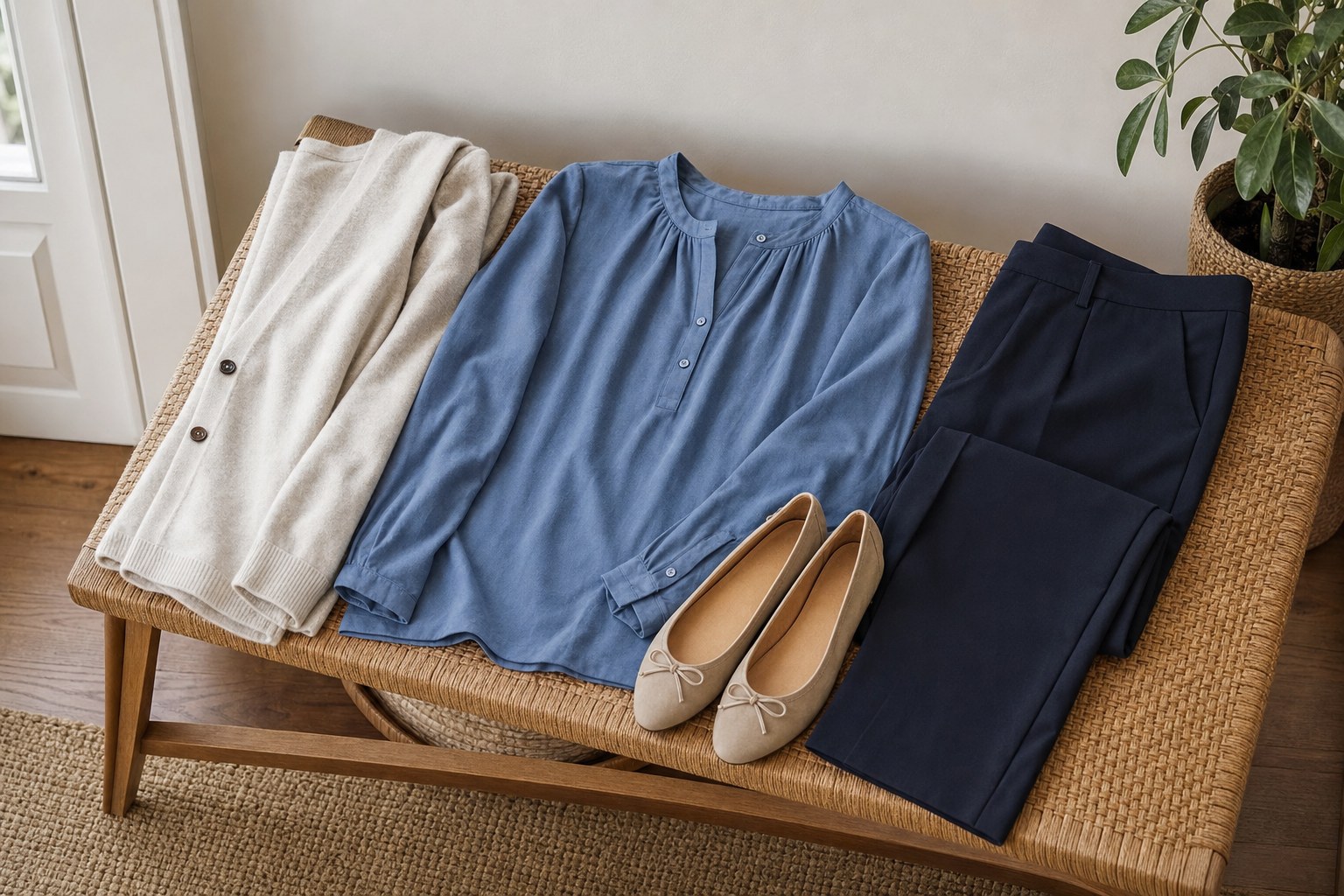 A blue blouse, navy trousers, cardigan, and flats arranged for a comfortable Sunday outfit