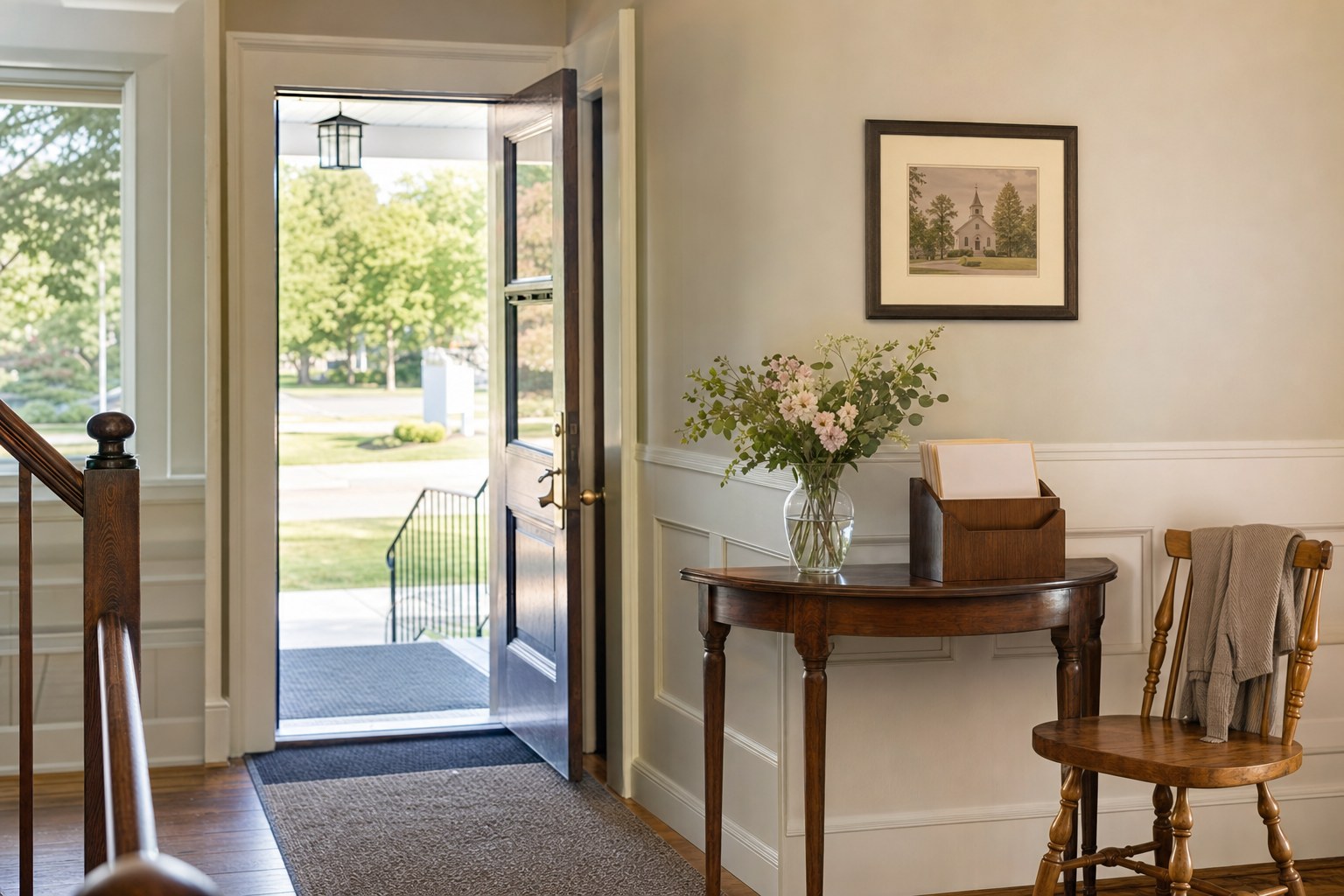 An open church entrance and a simple welcome table with flowers