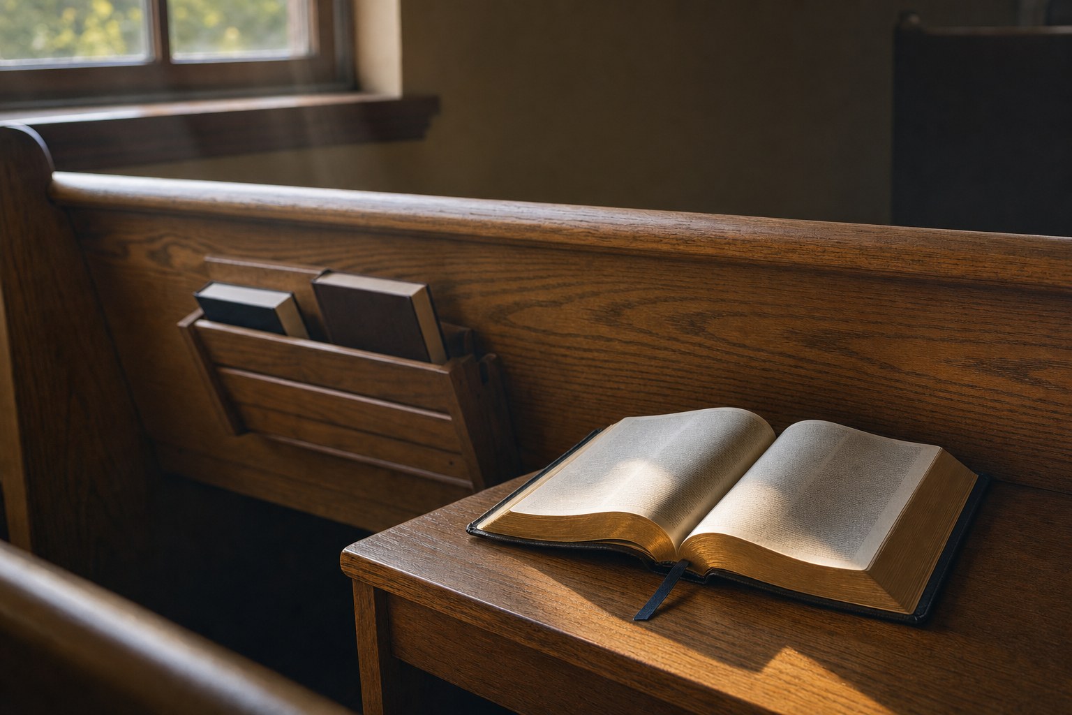 An open Bible on a wooden church pew in warm window light