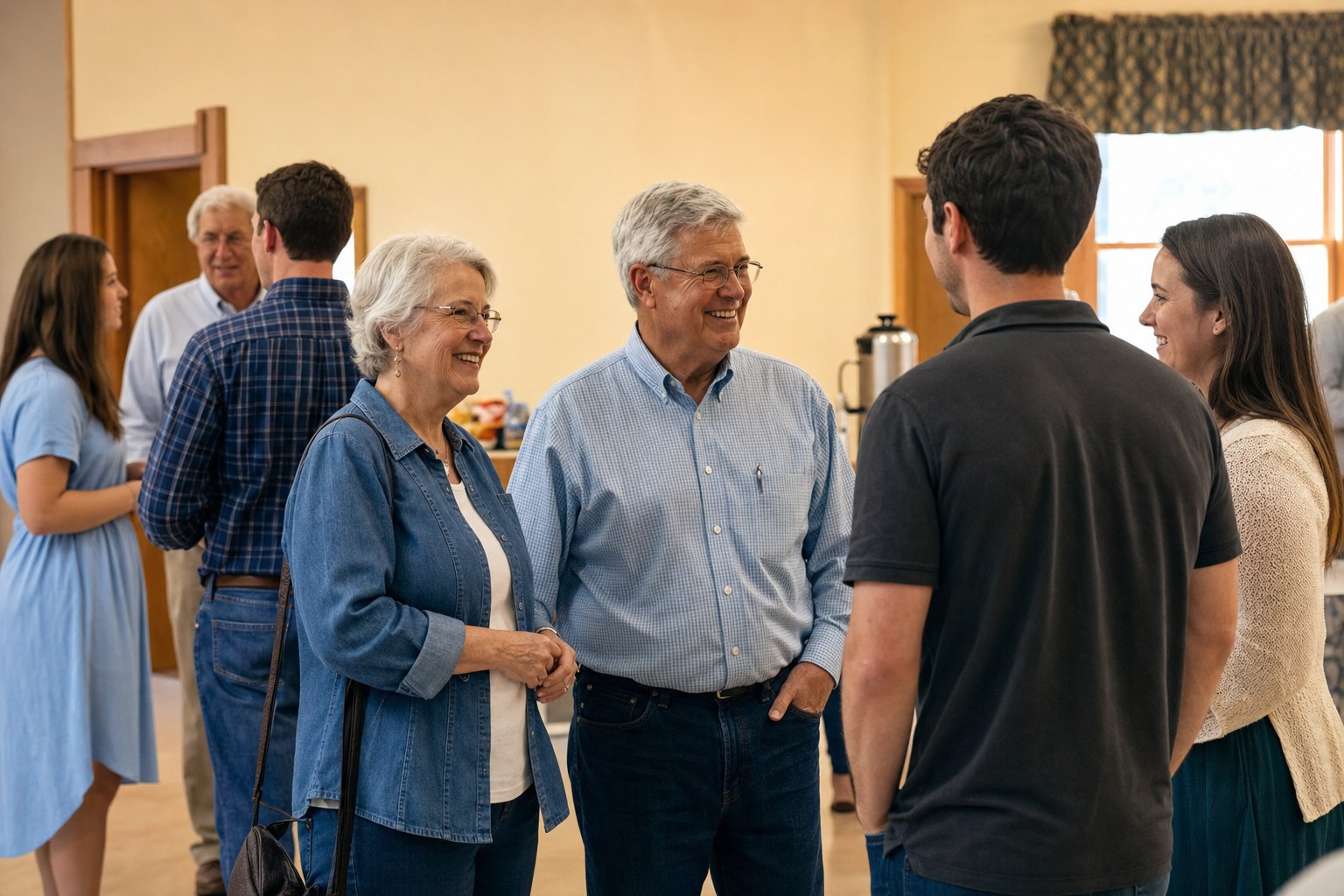 People greeting one another in a church fellowship hall