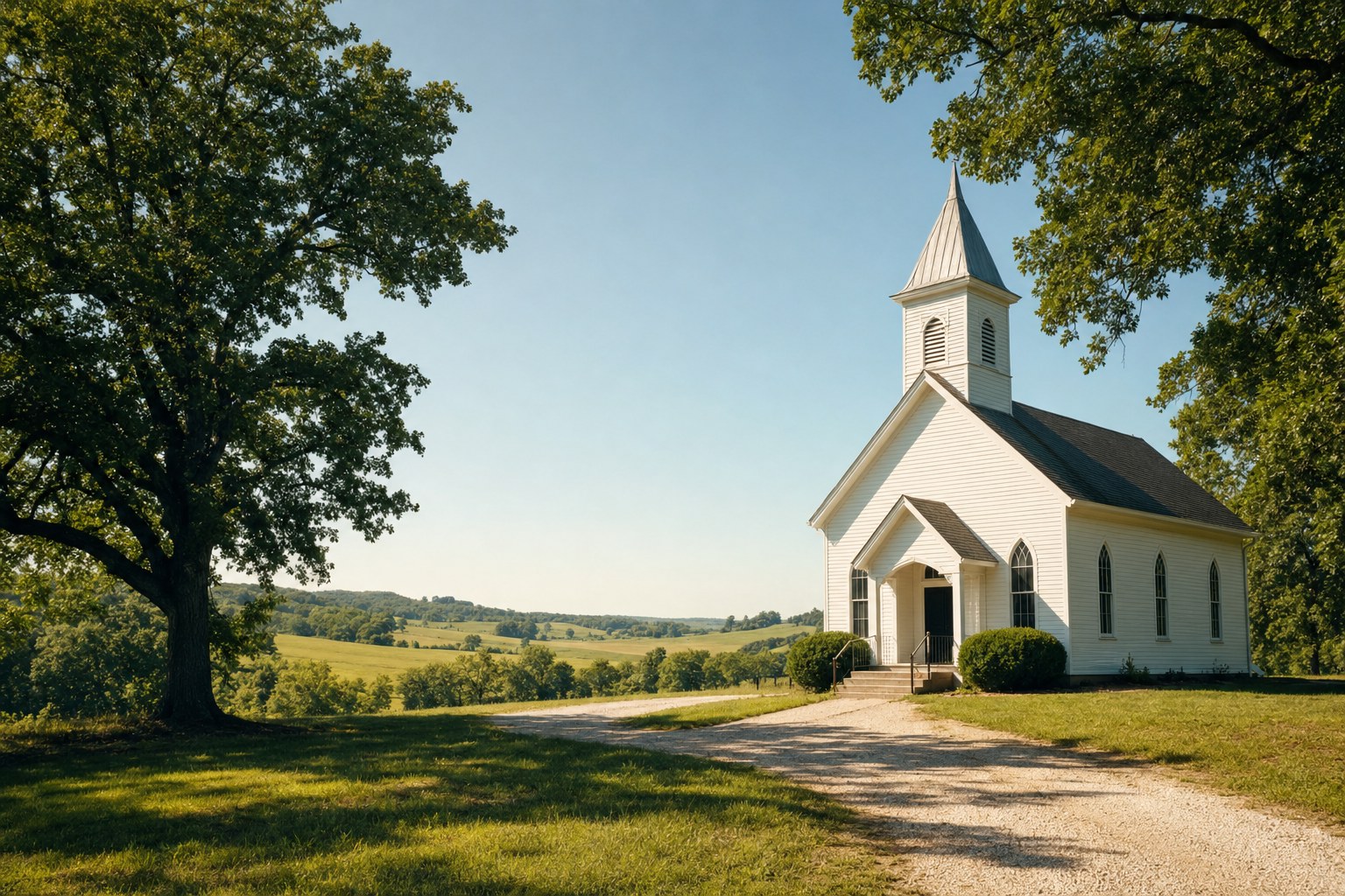 A white country chapel in the Missouri countryside