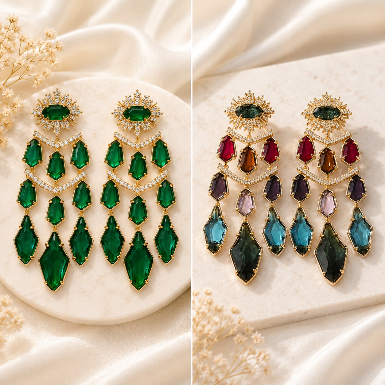 Green statement drop earrings with gold details