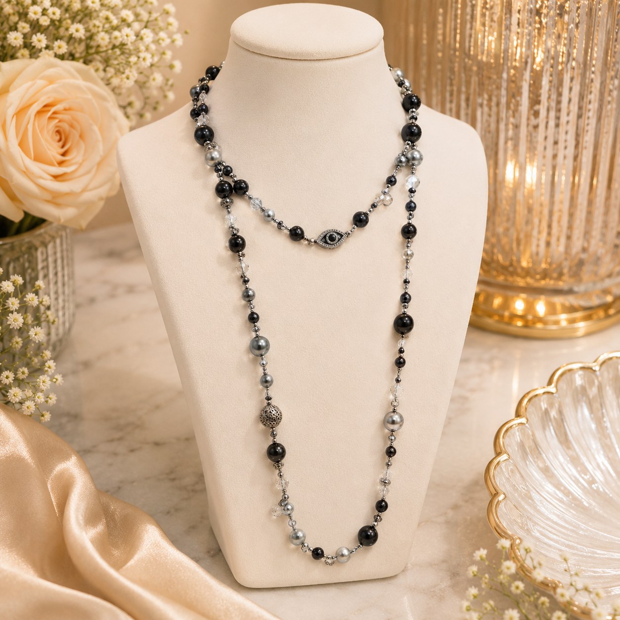Long pearl and gunmetal necklace