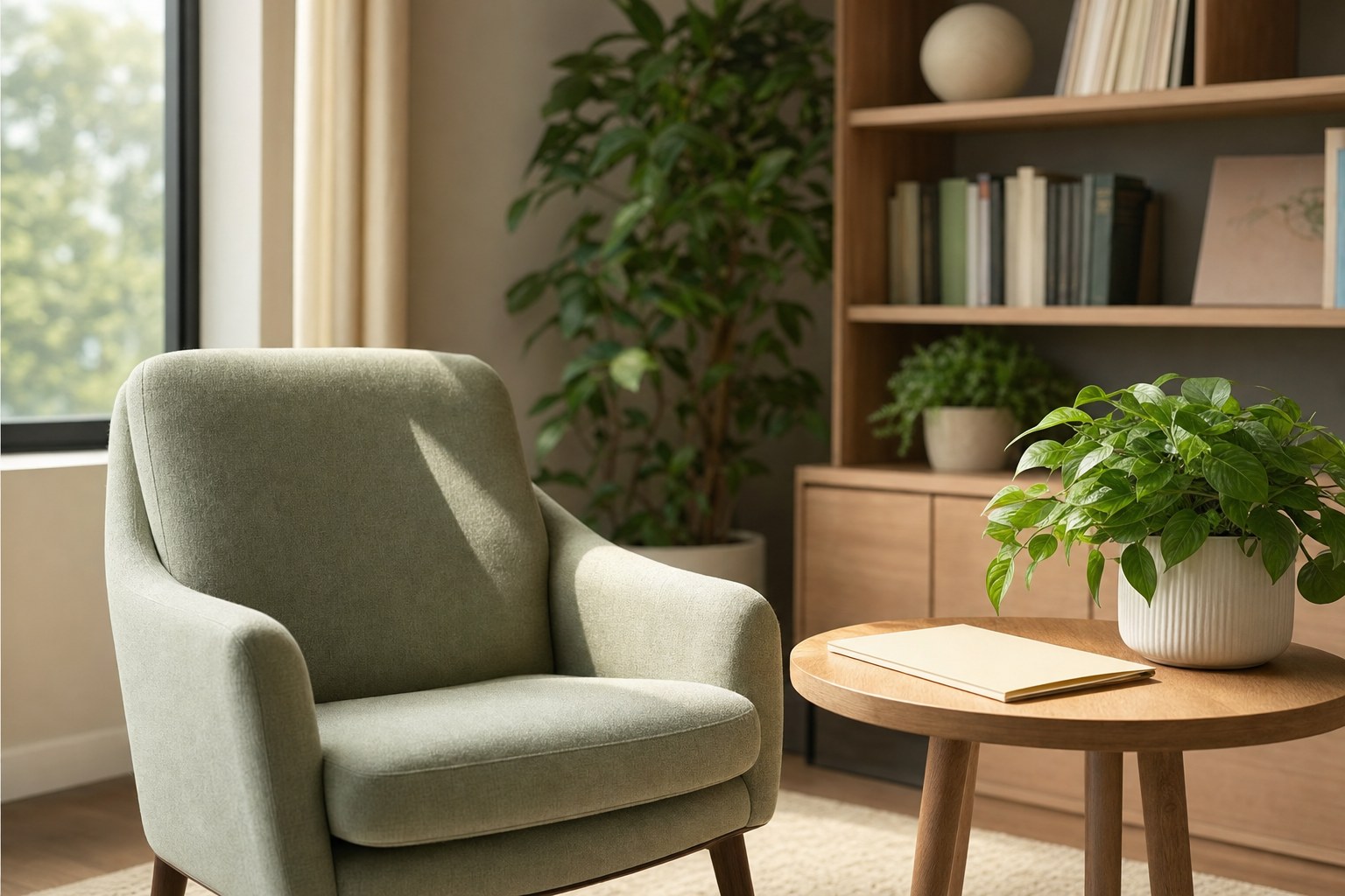 A quiet armchair, plant, and blank folder in a private outpatient office
