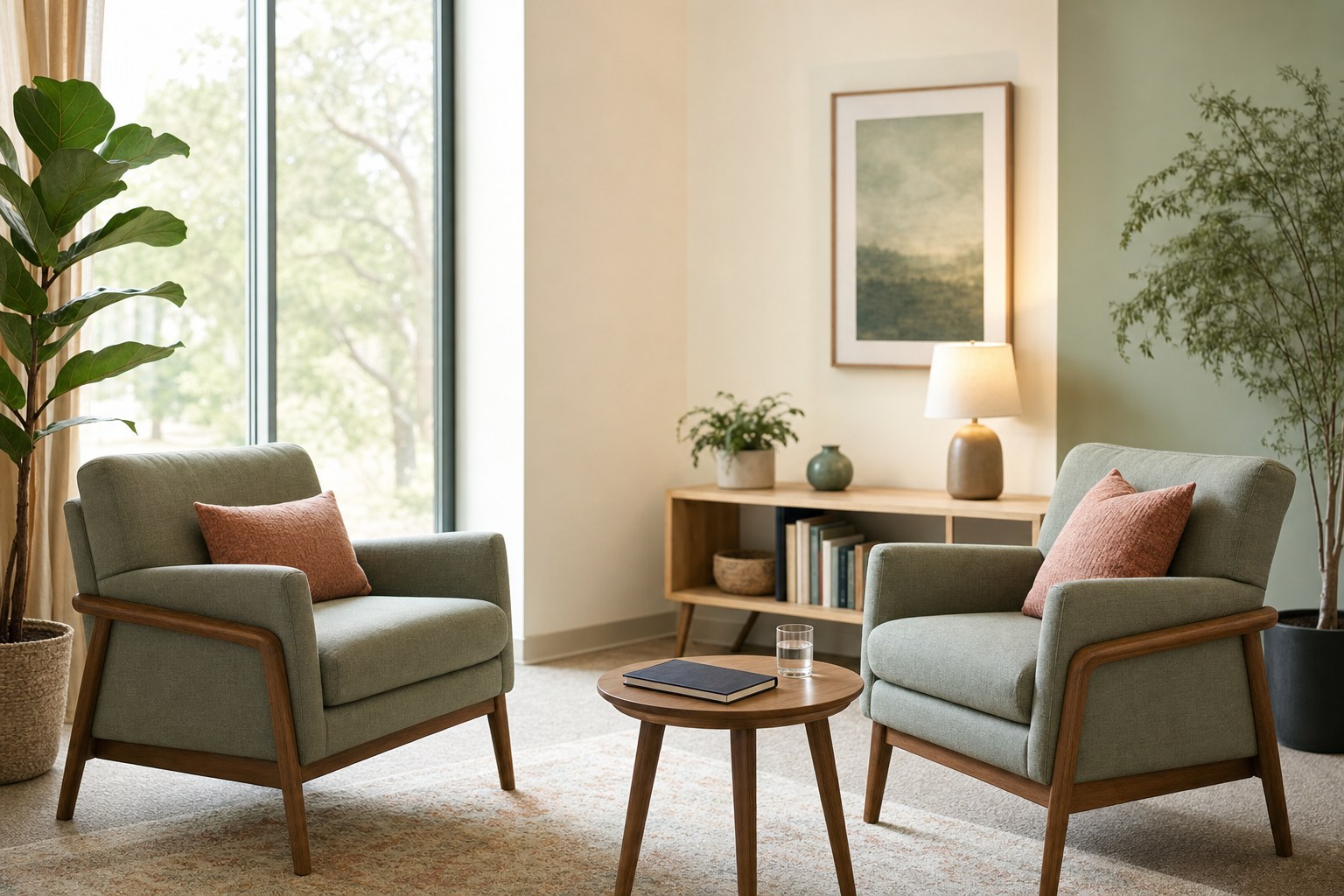 Two empty armchairs in a calm, softly lit outpatient consultation room