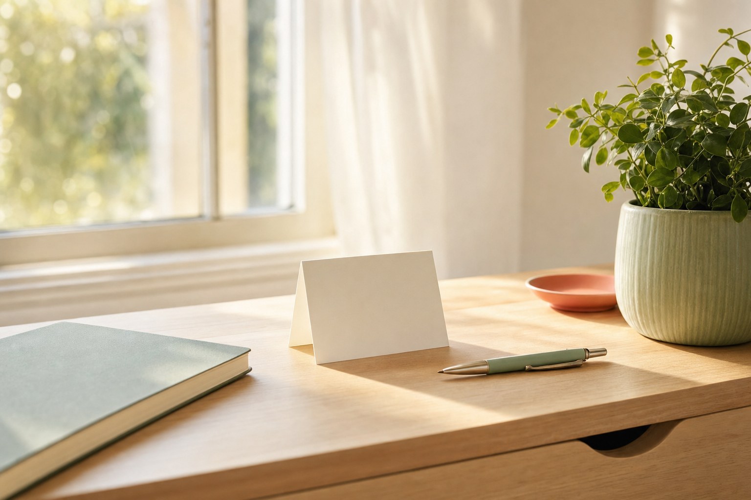 A blank note card and pen on a sunlit desk beside a small green plant