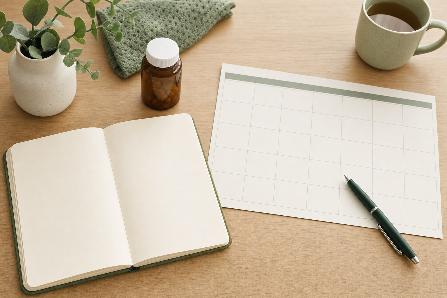 Blank notebook, calendar, pen, and unmarked medication bottle arranged on a wooden table